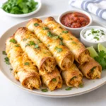Oven baked chicken taquitos stacked on a modern cream ceramic plate on a bright white marble setting, with crisp golden tortillas and visible shredded chicken filling.