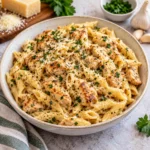 Garlic Parmesan chicken pasta with penne and browned chicken in a modern ceramic serving bowl on a bright white marble-style surface, with creamy sauce, grated Parmesan, herbs, and realistic homemade texture.