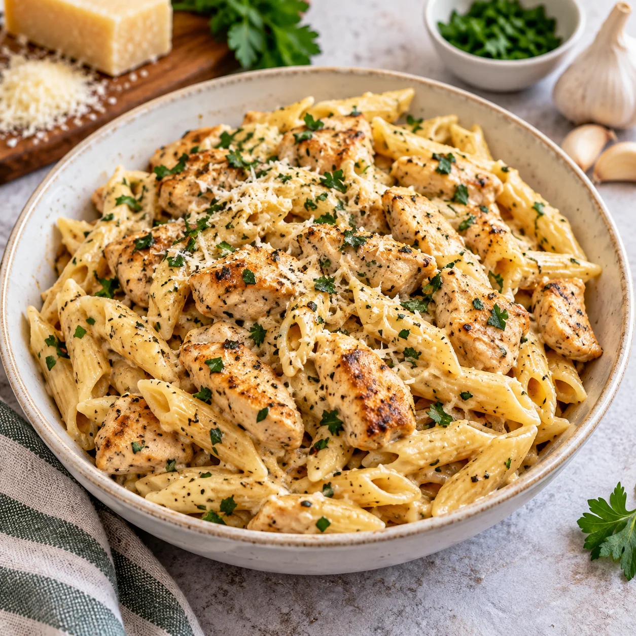 Garlic Parmesan chicken pasta with penne and browned chicken in a modern ceramic serving bowl on a bright white marble-style surface, with creamy sauce, grated Parmesan, herbs, and realistic homemade texture.