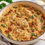Marry Me Chicken Orzo served in a cream enameled Dutch oven on a bright white marble surface, with golden chicken, creamy orzo, spinach, sun-dried tomatoes, herbs, and grated Parmesan.