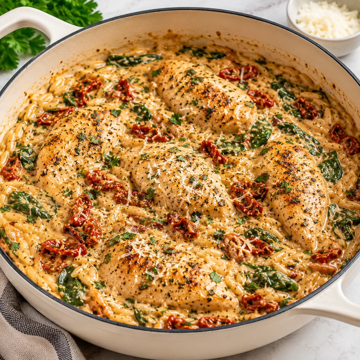 Marry Me Chicken Orzo served in a cream enameled Dutch oven on a bright white marble surface, with golden chicken, creamy orzo, spinach, sun-dried tomatoes, herbs, and grated Parmesan.
