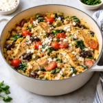 Greek chicken orzo served in a cream enameled Dutch oven on a bright white marble surface, with golden chicken, creamy orzo, spinach, tomatoes, olives, chickpeas, and crumbled feta in a realistic homemade food-blog style.
