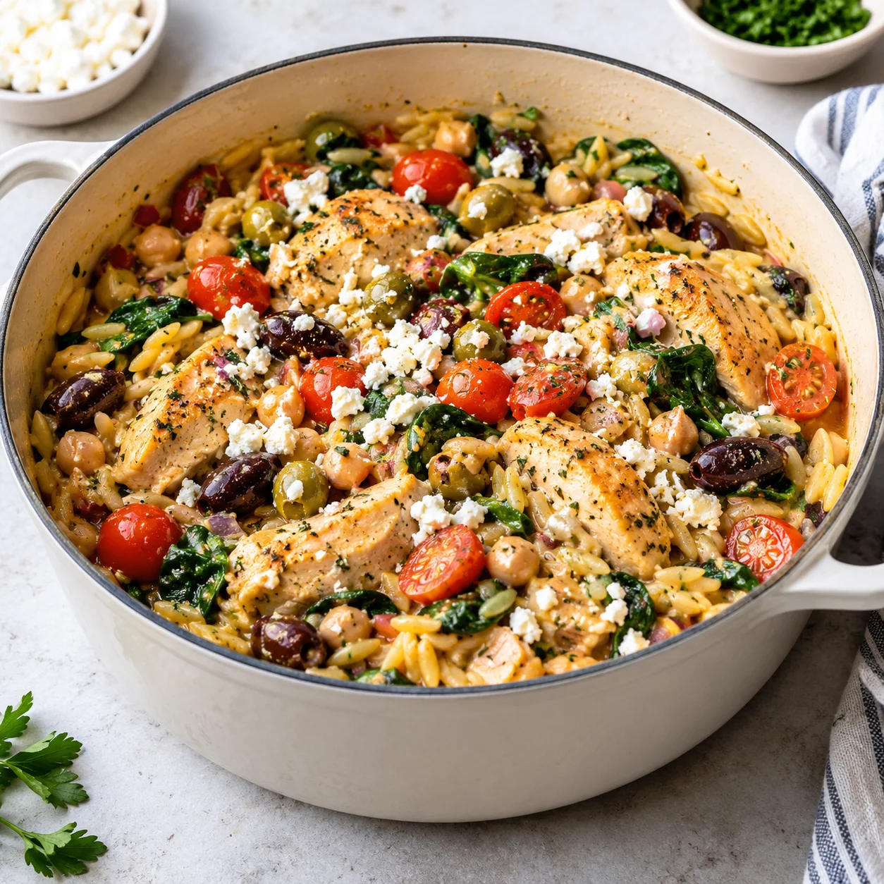 Greek chicken orzo served in a cream enameled Dutch oven on a bright white marble surface, with golden chicken, creamy orzo, spinach, tomatoes, olives, chickpeas, and crumbled feta in a realistic homemade food-blog style.