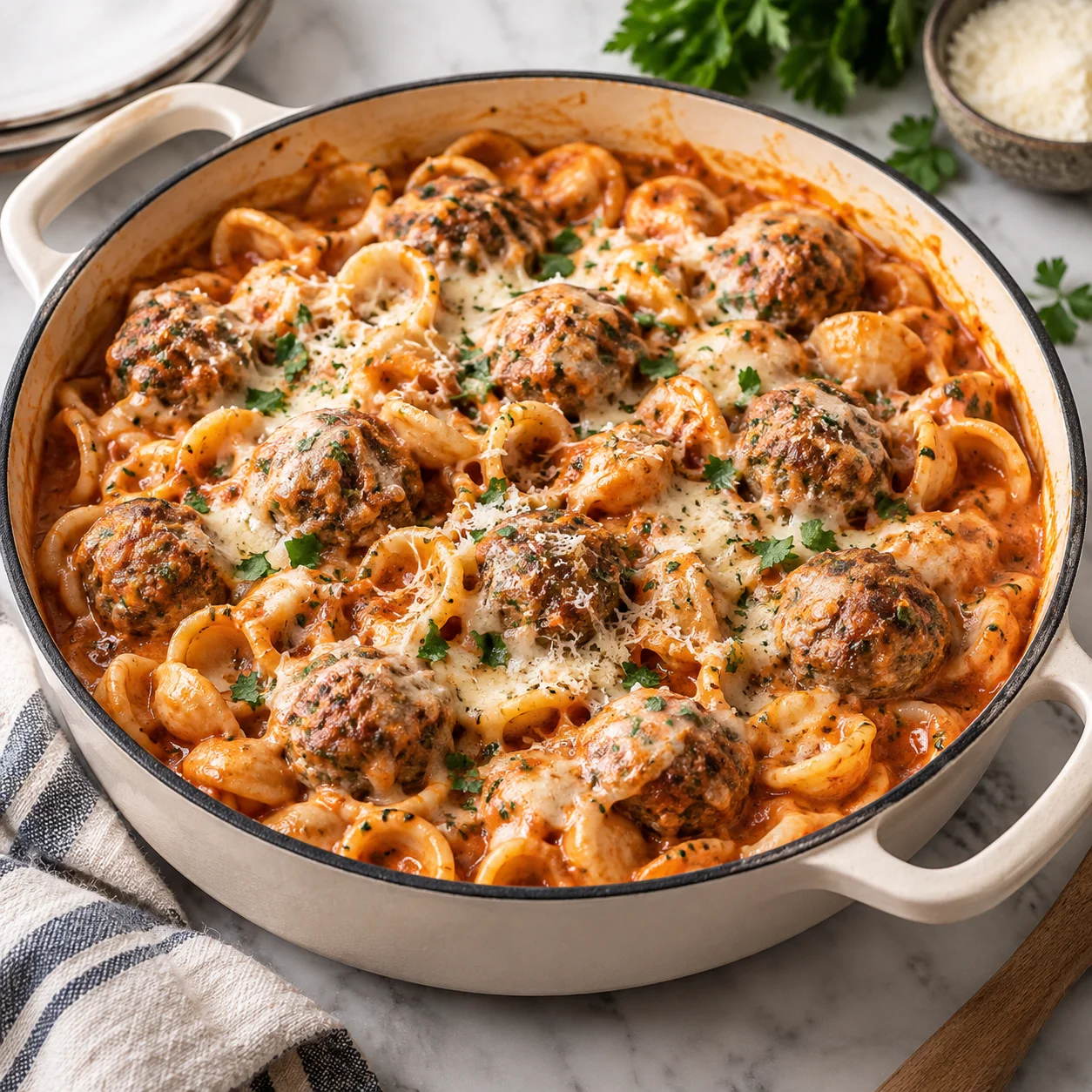 One-pot meatball pasta with orecchiette, browned meatballs, creamy tomato sauce, melted mozzarella, and Parmesan in a cream-colored modern handled skillet on a bright white marble surface.