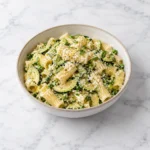 Zucchini ricotta summer pasta with peas and rigatoni in a neutral ceramic bowl, centered on a clean white marble surface, showing creamy ricotta, tender zucchini, bright green peas, and grated cheese.