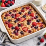 Triple berries and cream baked oatmeal in a modern white ceramic baking dish on a bright white marble surface, with golden baked oats, creamy swirls, and visible strawberries, blueberries, and raspberries.