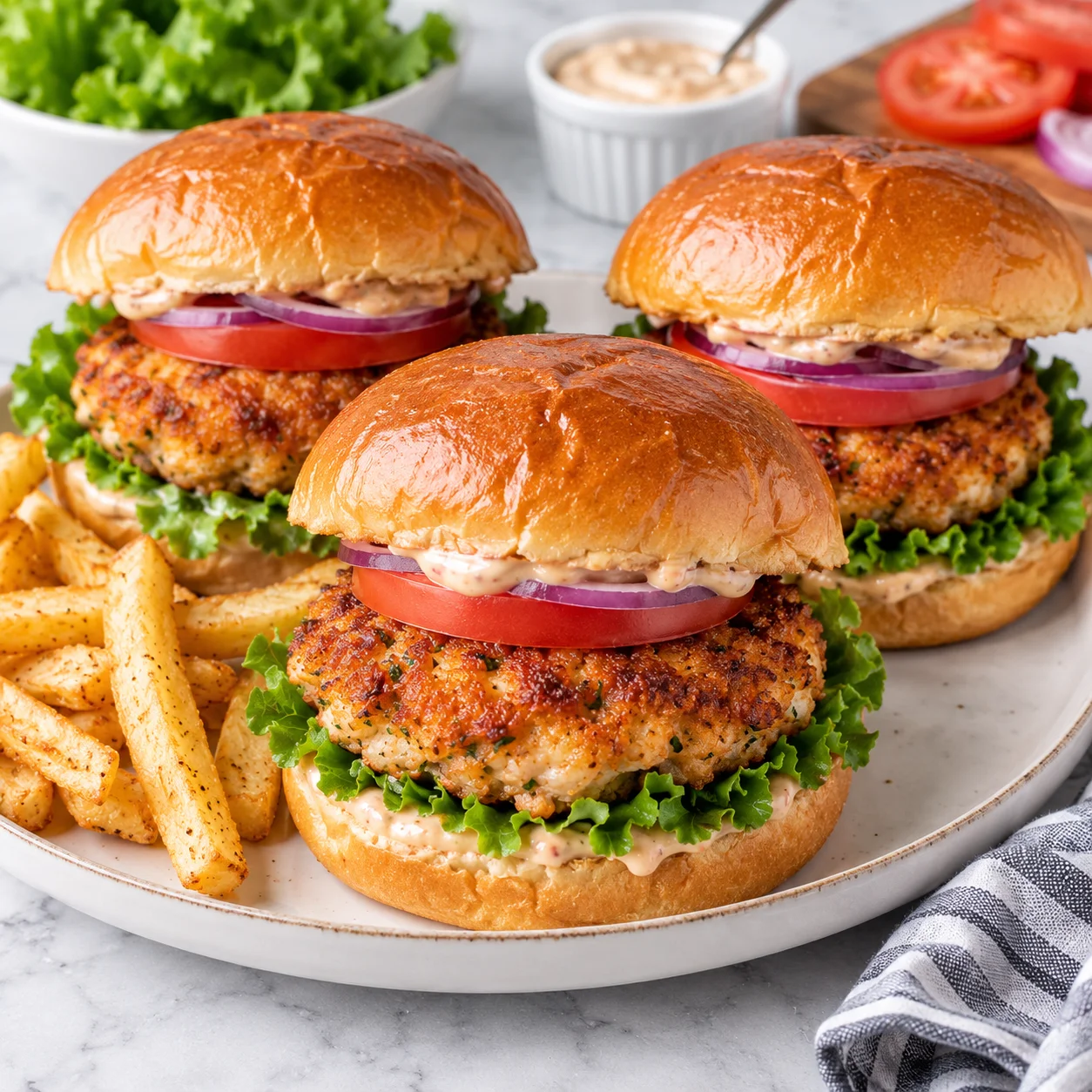Close-up of a crispy ground chicken burger on a modern light ceramic plate on a bright white marble surface, showing a golden browned patty, glossy bun, lettuce, tomato, onion, and creamy sauce.