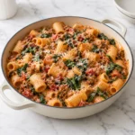 tomato spinach pasta in a cream-colored modern handled skillet on white marble, creamy rigatoni, sausage, spinach, diced tomatoes, and Parmesan from the disturbed pasta below.