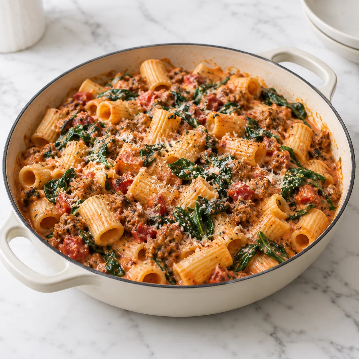 tomato spinach pasta in a cream-colored modern handled skillet on white marble, creamy rigatoni, sausage, spinach, diced tomatoes, and Parmesan from the disturbed pasta below.